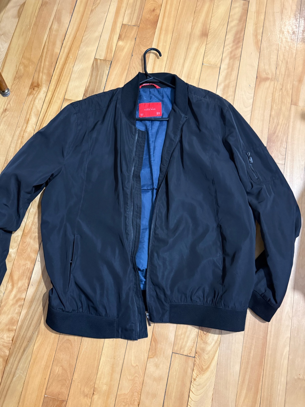 Zara Men's Black Bomber Jacket with Blue Lining